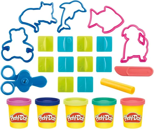 Vista 3 de Play Doh - Juego de aprendizaje creativo que incluye mantel, calcomanías, 5 cortadores de animales, 10 sellos, 3 herramientas y 5 latas de masa