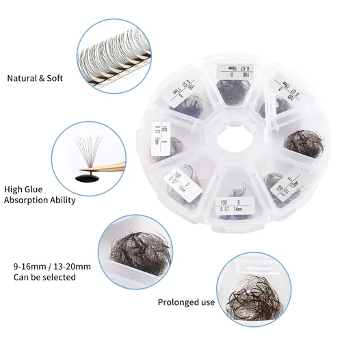 Vista 32 de Extensiones de pestañas de 1200 fans, prefabricadas, con volumen, 9-20mm, bandeja mixta, 20D, con punta en C, base puntiaguda, extensiones