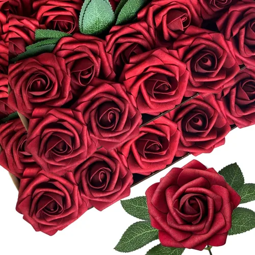 Vista 30 de 25 piezas Flores Artificiales de Espuma Rosas Falsas con Tallos 8 Hojas Rosas Sintéticas de Aspecto Real para Ramos de Boda Centros de Mesa de Negro