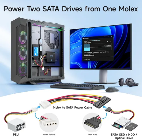 Vista 2 de Cable Matters Paquete de 3 adaptadores de cable en Y de alimentación Molex a SATA dual de 4 pines, cable divisor de alimentación SATA LP4 de 6