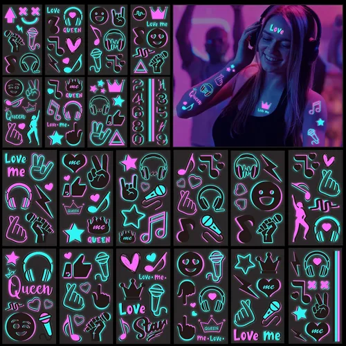 Vista 2 de Konsait 20 hojas de tatuajes de luz negra para adultos, notas musicales, tatuajes de brillo corporal, cara, tatuajes temporales, impermeables
