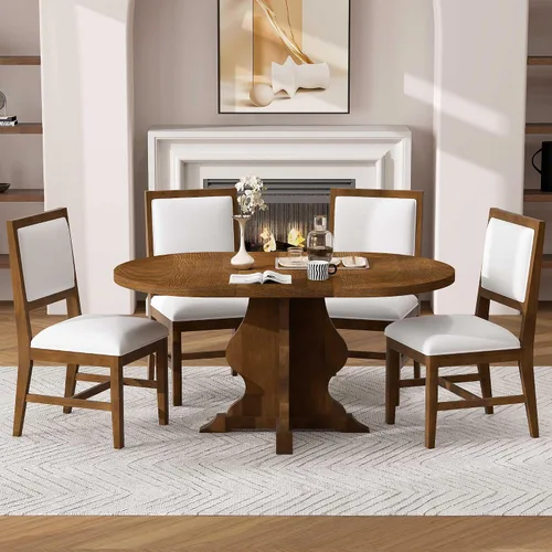 Vista 13 de VilroCaz Juego de comedor funcional retro de 5 piezas, mesa de comedor extensible de madera maciza con una hoja de 16 pulgadas y 4 sillas tapizadas
