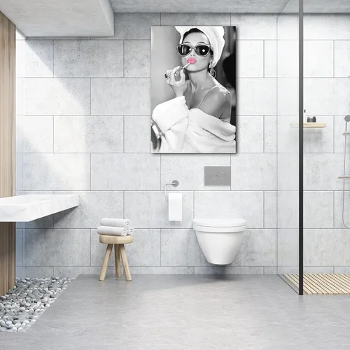 Vista 2 de TIMUBA Lienzo grande de Hepburn para pared, arte de pared de baño en blanco y negro, 36 x 24 pulgadas