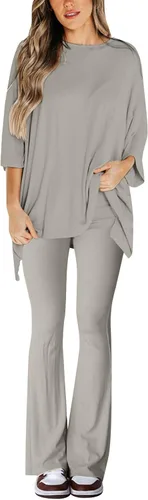 Vista 2 de Gumipy Women's 2 Piece Outfit All Weekend Long Pant Set Casual Fall Outfits 34 Sleeve Ribbed T-Shirt & Wide Leg Pants Tracksuit
