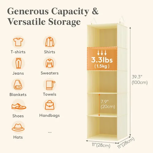Vista 3 de Lifewit Organizador de armario colgante de 5 niveles y almacenamiento para estantes, estante de ropa plegable con 2 ganchos resistentes