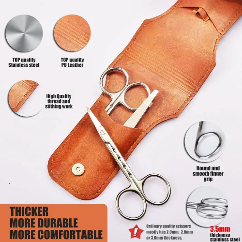 Vista 3 de HANTEKAS Juego de tijeras de pelo facial redondeadas curvadas profesionales de acero inoxidable para hombres, bigote, pelo de nariz, tijeras