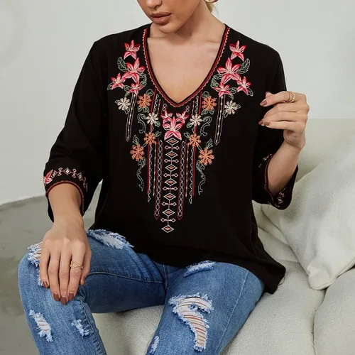 Vista 3 de AK Women's Boho Embroidered Tops 3/4 Sleeve Mexican Peasant Shirts Bohemian Loose Tunic Blouses 355-negro