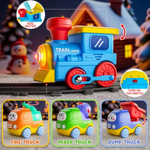Vista 2 de Juego de Tren de Vapor Funwee para Niños Pequeños, Juguetes de Tren con Conexión Magnética y Luces y Sonidos, Tren Eléctrico de Dibujos Animados