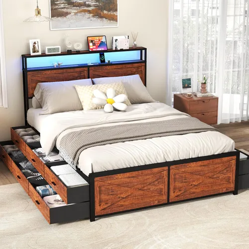Vista 15 de Kiivakii Base de cama de tamaño matrimonial con cabecero, plataforma LED con 4 cajones de almacenamiento, estación de carga integrada, sin ruido