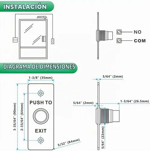 Vista 5 de UHPPOTE Empuje momentáneo para salir del interruptor de botón NO/COM salió el panel de acero inoxidable para la puerta hueca del control de acceso