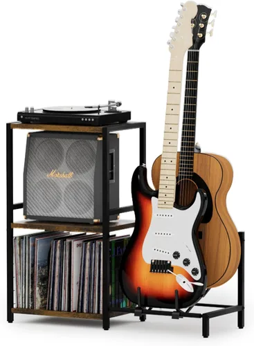 Vista 19 de YAKANJ Mesa Auxiliar con Soporte para Guitarra, Soporte para Tocadiscos, Almacenamiento para Discos de Vinilo, Soporte de 2 Niveles para Guitarra