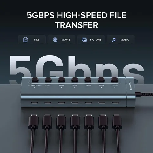 Vista 4 de Hub USB C alimentado, 7 en 1 USB C 3.2 Gen1 HUB 36W con último puerto de carga de salida PD20W, divisor USB de aluminio e interruptores individuales