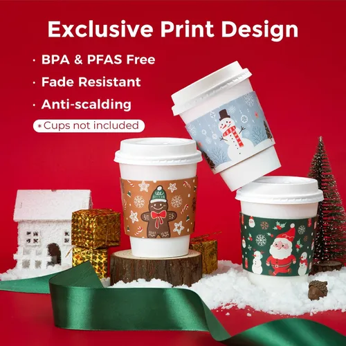 Vista 3 de FMP Brands Paquete de 50 fundas de papel de Navidad para tazas de café, fundas desechables de café navideñas para tazas de café desechables de 12