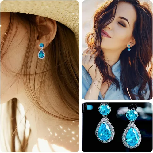 Vista 5 de VONSSY Aretes colgantes de gota Aretes hipoalergénicos de circonita cúbica chapados en oro blanco con piedras preciosas en forma de gota de agua