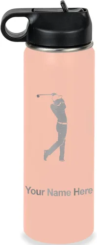 Vista 64 de LaserGram Botella de agua personalizada, golfista de golf, acero inoxidable de doble pared aislada al vacío con popote superior, regalo grabado Negro