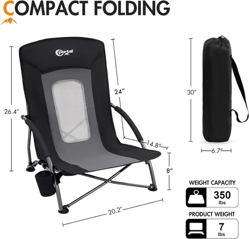 Vista 3 de PORTAL Sillas de Playa para Adultos, Camping, Bajas, Ligeras, Portátiles con Soporte para Tazas, Respaldo de Malla, Bolsa de Transporte para Arena
