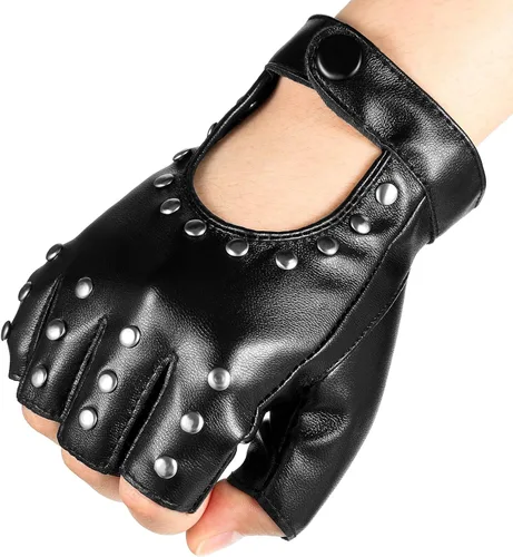 Vista 5 de Giugu 2 pares de guantes de piel sintética sin dedos, guantes punk negros para mujer, remaches, medio dedo, de piel sintética, para disfraces