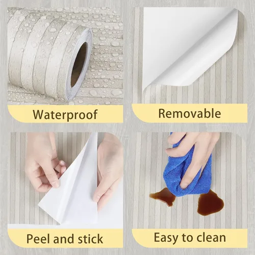Vista 6 de Papel tapiz de listones de madera gris, paneles de madera autoadhesivos para pared, papel de contacto a rayas de madera para armarios y cajones, 6.