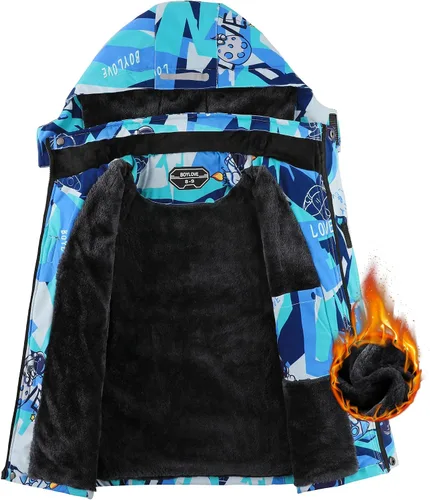 Vista 3 de Chaquetas de esquí para niños, impermeable, abrigo de invierno con forro polar, resistente al viento, chaqueta de snowboard con capucha desmontable