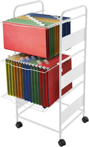 Vista 10 de Carros de archivos de metal de 3 niveles con ruedas, archivos colgantes para tamaño carta, carpeta de archivos extraíble movible, gabinete, Negro