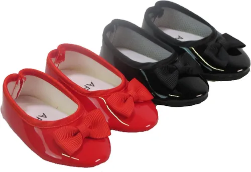 Vista 8 de American Fashion World Zapatos planos con lazo de diamante metálico rosa intenso, lavanda y verde azulado para muñecas de 14 pulgadas, paquete de 3