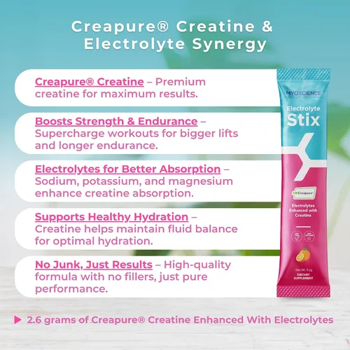 Vista 6 de MYOXCIENCE Electrolyte STIX Polvo de electrolito de creatina Recuperación del ejercicio y el desarrollo muscular con sal real