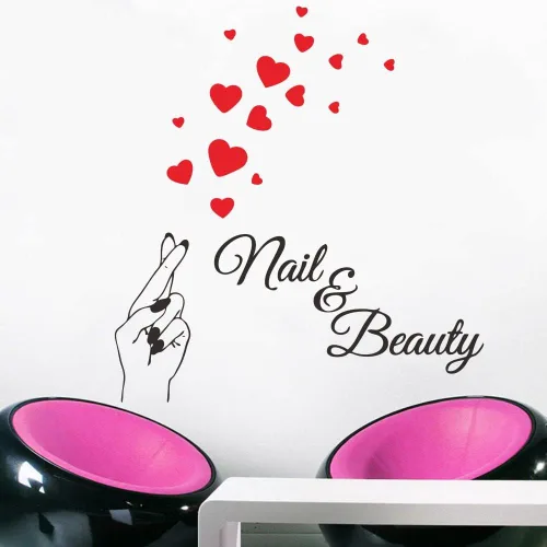 Vista 3 de JWH181 - Adhesivo para pared de uñas y salón de belleza, hermosos dedos y corazones rojos, arte de pared extraíble de PVC para barra de esmalte