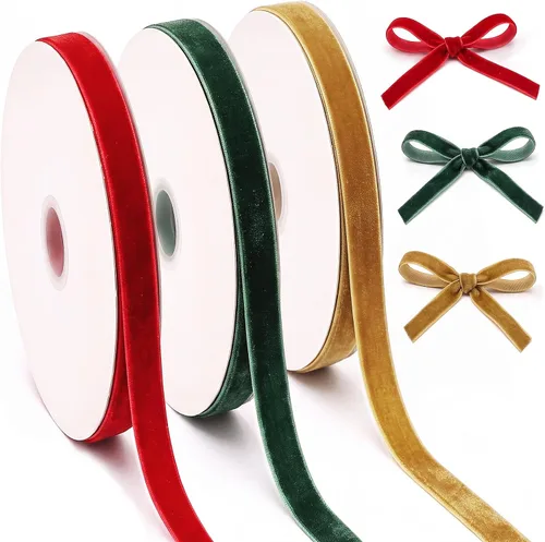 Vista 8 de Patelai 3 rollos de cinta de terciopelo de Navidad de 75 yardas, carrete de cinta de terciopelo vintage, rollo de cinta de terciopelo verde, rojo