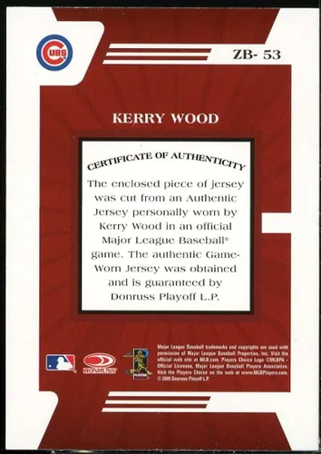 Vista 2 de Kerry Wood Card 2005 Zenith Z-Jerseys #53