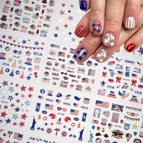 Vista 2 de 30 hojas de calcomanías de uñas del 4 de julio para arte de uñas, Día de la Independencia, calcomanías de arte en 3D, autoadhesivas, bandera