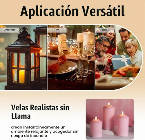 Vista 5 de Eywamage Velas de pilar sin llama rosa con control remoto, velas LED parpadeantes de cera a pilas, juego de 3
