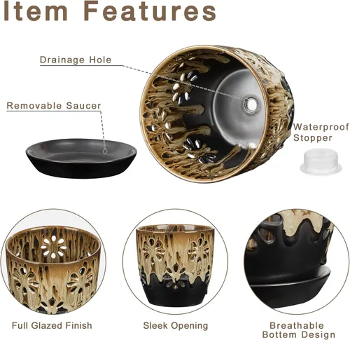 Vista 3 de Ollas de orquídeas de 6 pulgadas con agujeros Brown Black Ceramic Orchid Pot para trasplante marrón y negro