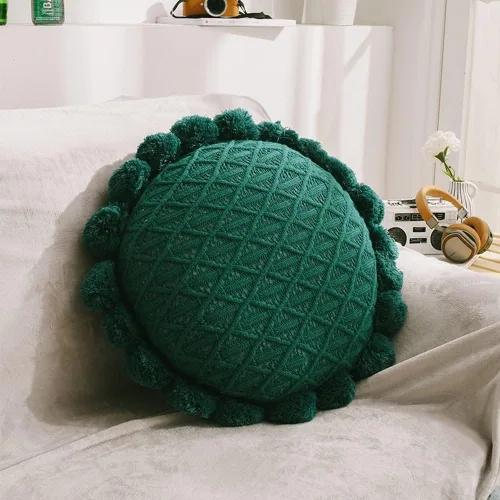 Vista 6 de vctops Lindos pompones de punto almohadas con inserto geométrico, cojín redondo suave para sofá cama (azul, diámetro de 20 pulgadas)