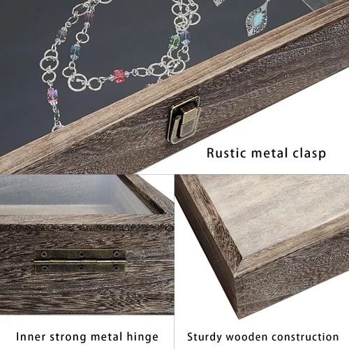 Vista 6 de MOOCA Vitrina de madera con tapa de cristal, vitrina de cuchillo de bolsillo con almohadilla de exhibición de joyería de terciopelo MDF de lujo