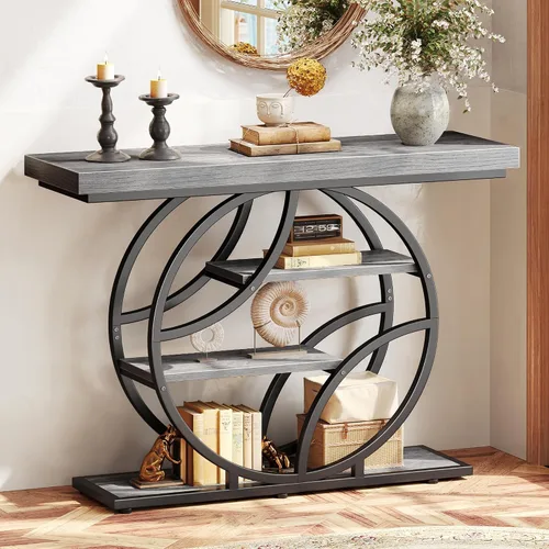 Vista 16 de Huuger Mesa de entrada de 41.3 pulgadas, mesa de sofá industrial con consola y almacenamiento, mesa de acento con estantes, para entrada, pasillo