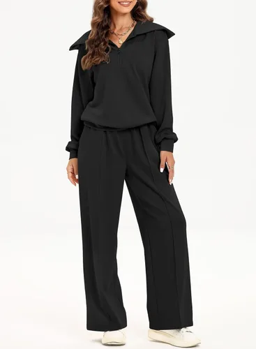 Vista 2 de Aleumdr Conjunto de dos piezas de sudadera con media cremallera para mujer, conjunto a juego con pantalón de pierna ancha