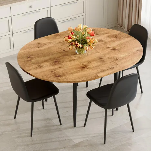 Vista 2 de FURNITO Juego de mesa de comedor de madera para 4, mesa extensible redonda a ovalada de 42 a 54 pulgadas con 4 sillas de tela, juego de comedor 4
