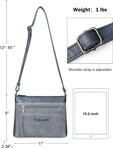 Vista 4 de MASINTOR Bolsos cruzados para mujer, bolso cruzado ligero y mediano, de cuero suave, bolsos de hombro para mujer con borla, Gris azul, Bandolera