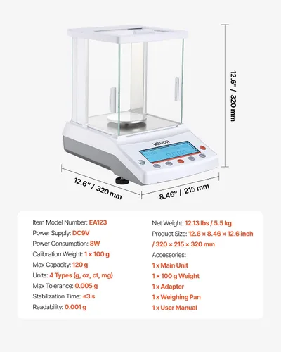 Vista 7 de VEVOR Balanza analítica, 4.23 oz x 0.00 oz Báscula de laboratorio de precisión de alta precisión, g/oz/ct/mg 4 unidades Balanza analítica digital