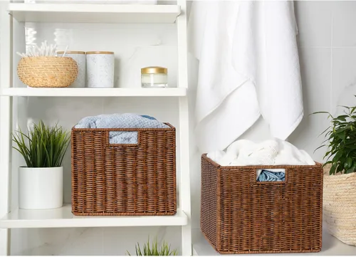 Vista 5 de Cesta de almacenamiento de mimbre, cubo grande de 12 x 12 x 10 pulgadas, mimbre tejido para estantes, despensa, organización de cocina y baño Marrón