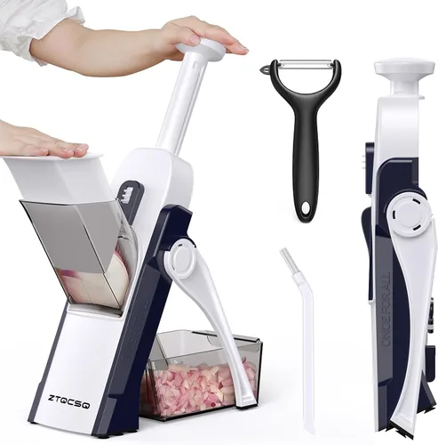 Vista 12 de Cortador de mandolina 5 en 1 seguro para cocina, picador de verduras seguro, cuchillo de pelar, grosor ajustable, fácil de limpiar, rebanador