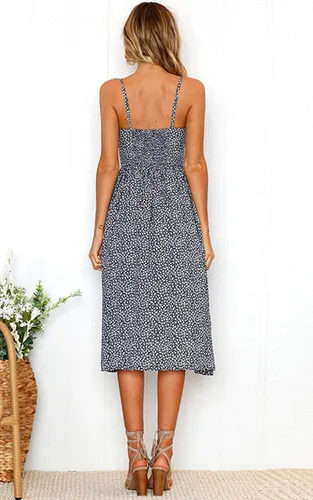 Vista 4 de Angashion - Vestido floral de verano estilo bohemio para mujer, con botones, bolsillos y tiras ajustables