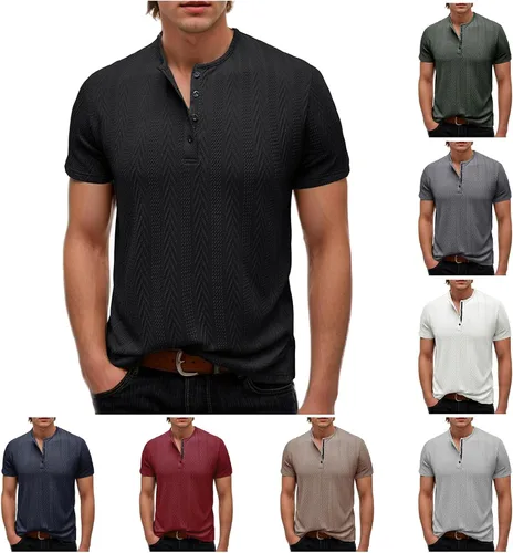 Vista 2 de Men's Knit Henley Shirts Jacquard Texture Fashion Golf Tops Summer Button Down Short Sleeve Casual Workout T-Shirts