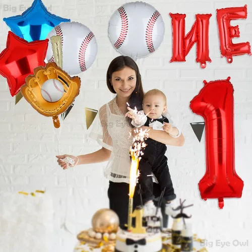 Vista 4 de Novato del año 1er cumpleaños decoraciones de béisbol papel de aluminio rojo número 1 globos conjunto de un primer cumpleaños suministros