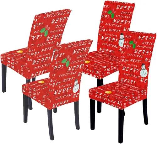 Vista 24 de XMNTG Juego de 6 fundas para sillas de Navidad, con estampado de ciervos, decoración de Navidad, fundas extraíbles para sillas antideslizantes Negro