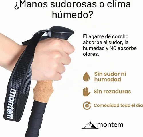 Vista 5 de Montem Bastones de senderismo de fibra de carbono – Bastones de senderismo ultraligeros 3K, plegables y ajustables con agarre de corcho, bastones