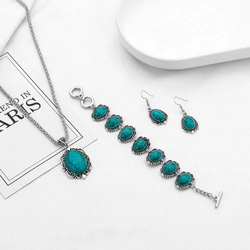 Vista 5 de Collar de San Valentín 4 unidsset vintage de imitación turquesa flor colgante collar gancho pendientes pulsera verde