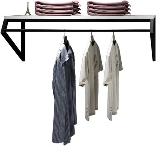 Vista 10 de Modern Simple - Estante de exhibición de metal resistente para hombres y mujeres, perchero de pared con madera, riel para ropa, toallero para colgar