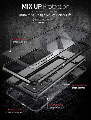 Vista 7 de Funda para Galaxy S21 con bloqueo de seguridad + adsorción magnética, vidrio templado de doble cara, a prueba de golpes, parachoques de aluminio