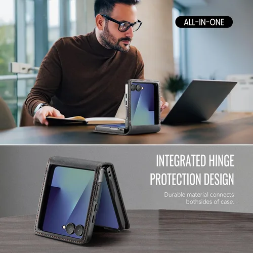 Vista 5 de Funda tipo cartera para Samsung Galaxy Z Flip 7 de piel con tarjetero y función atril, cierre magnético, bloqueo RFID, TPU a prueba de golpes Negro